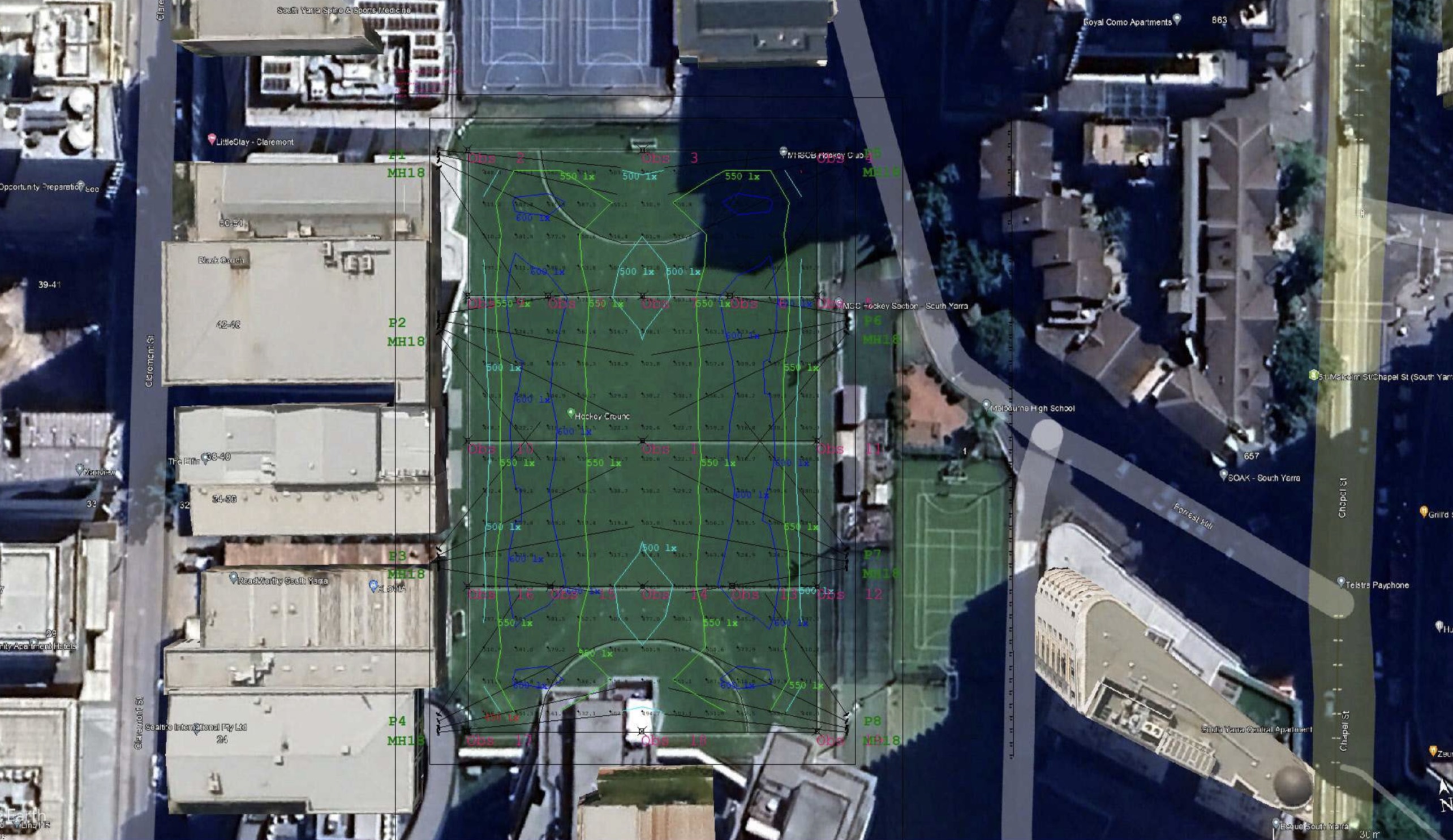 Melbourne High School Hockey — Photometric model — 500 lux competition levels across the playing surface