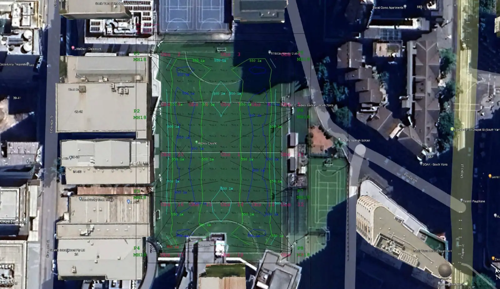 Photometric model — 500 lux competition levels across the playing surface