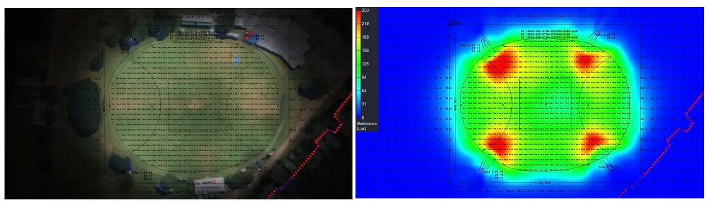 Illuminance study — calculation grid and lux distribution